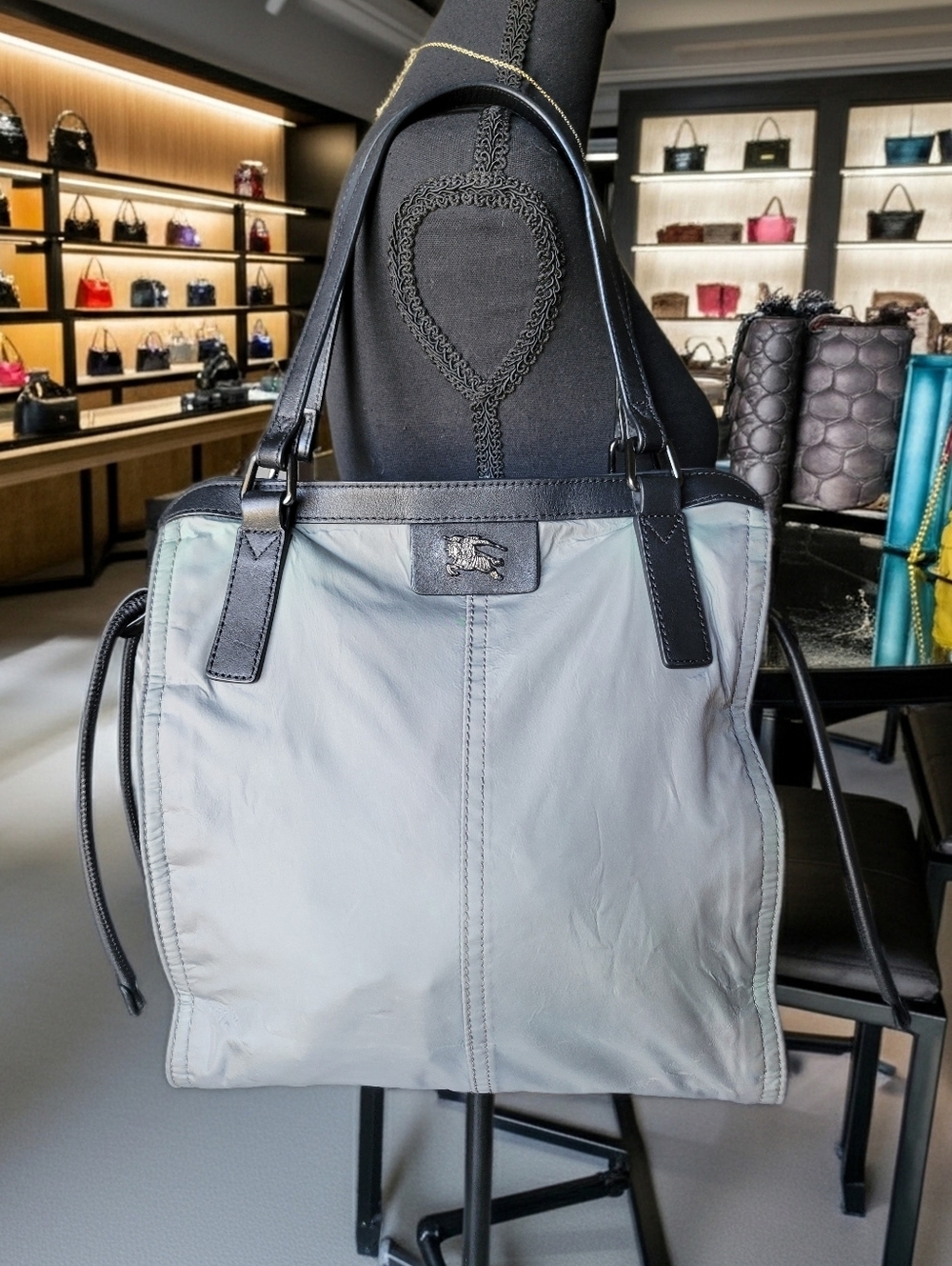 BURBERRY Grey/Black Leather And Nylon Small Buckleigh Tote - Picture 1 of 15